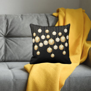 Gold Baubles Christmas Tree Ornaments on Black Throw Pillow