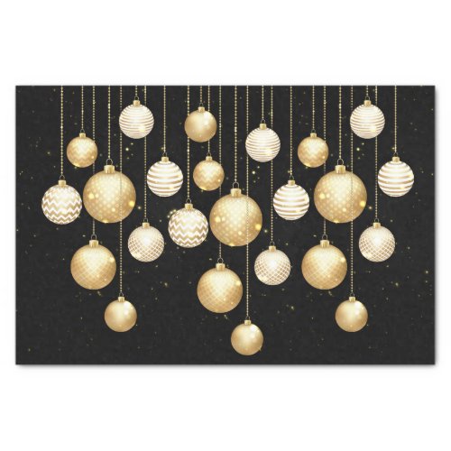 Gold Baubles Christmas Tree Ornaments on Black Tissue Paper