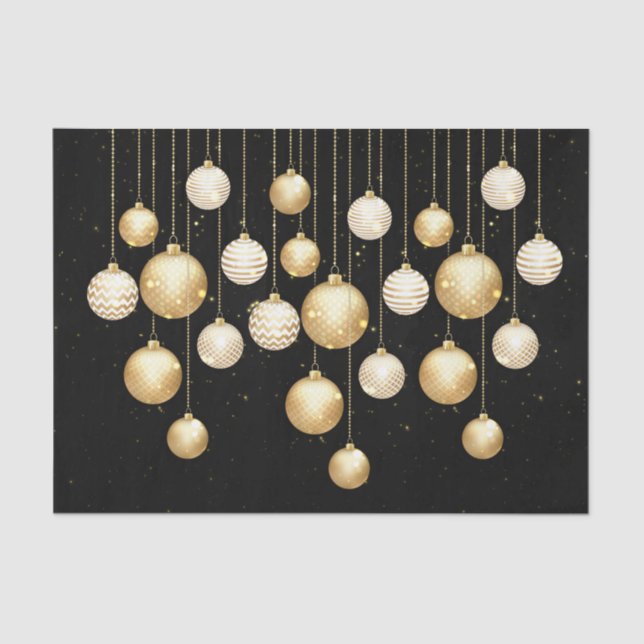 Gold Baubles Christmas Tree Ornaments on Black Tissue Paper (Front)