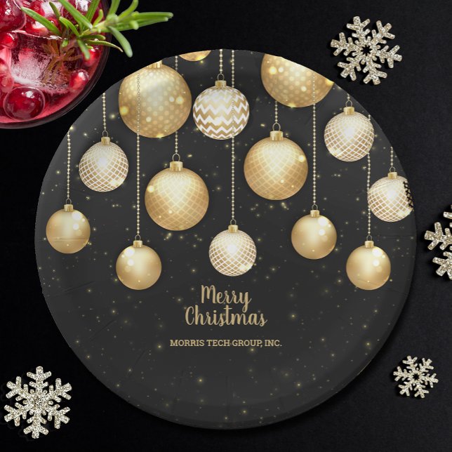 Gold Baubles Christmas Tree Ornaments Party Paper Plates (Gold and white Christmas tree ornaments on black personalized holiday party paper plates)