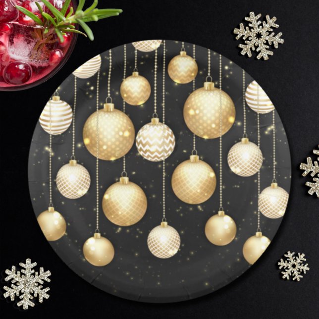 Gold Baubles Christmas Tree Ornaments Party Paper Plates (Creator Uploaded)