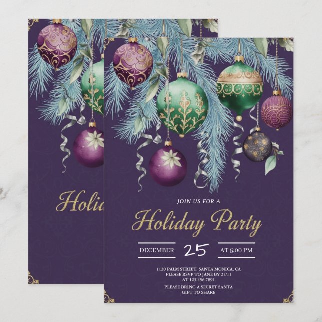 Gold Baubles Christmas Tree Party Invitation (Front/Back)