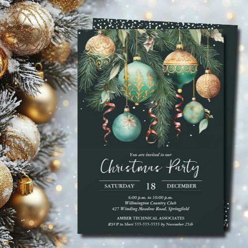 Gold Baubles Christmas Tree Party Invitation