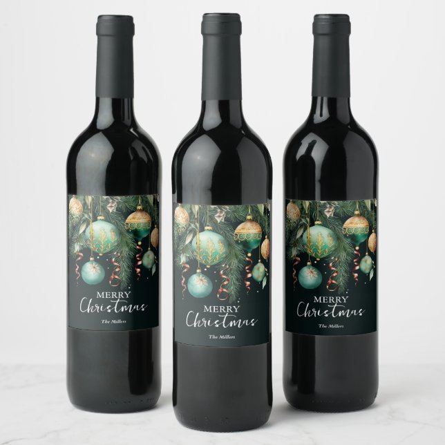 Gold Baubles Christmas Tree Wine Label (Bottles)