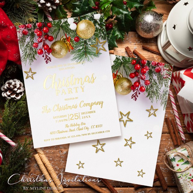 Gold Baubles Holly Berries Stars Christmas Party Foil Invitation (Creator Uploaded)