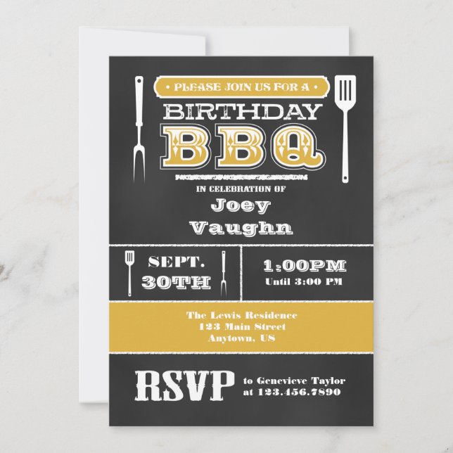 Gold BBQ Birthday Chalkboard Invitation (Front)