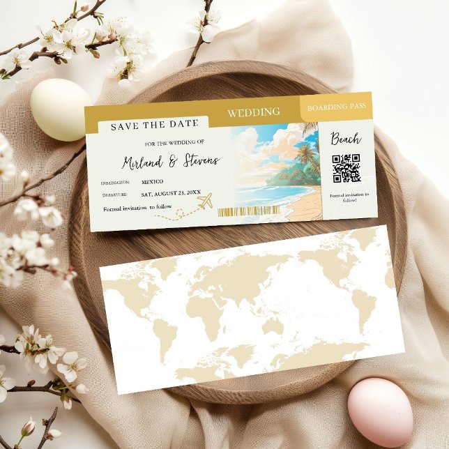 Gold Beach Boarding pass wedding Save The Date (Creator Uploaded)