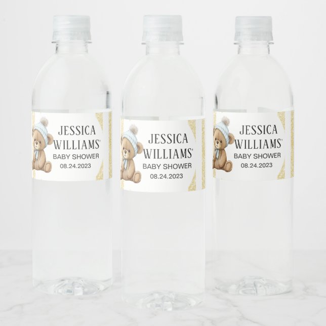 Gold bear with balloon baby shower bottle labels (Bottles)