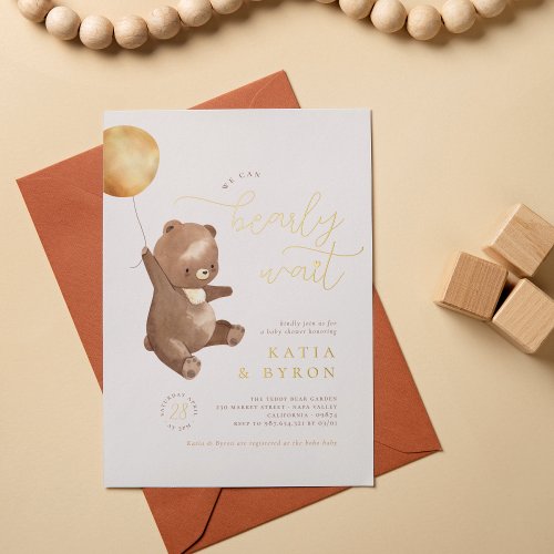 Gold Bearly Wait Gender Neutral Bear Baby Shower Foil Invitation