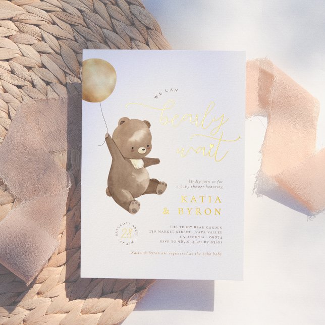 Gold Bearly Wait Gender Neutral Bear Baby Shower Foil Invitation (Creator Uploaded)