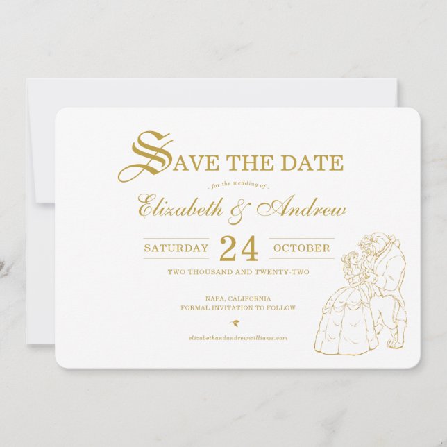 Gold Beauty and the Beast Fairytale Save the Date (Front)