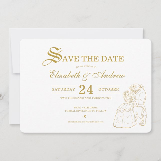 Gold Beauty and the Beast Fairytale Save the Date (Front)