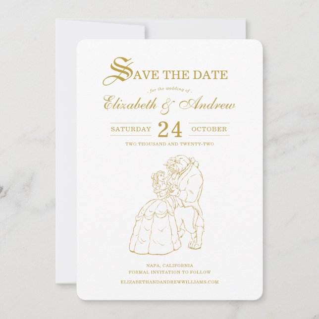 Gold Beauty and the Beast Fairytale Save the Date (Front)