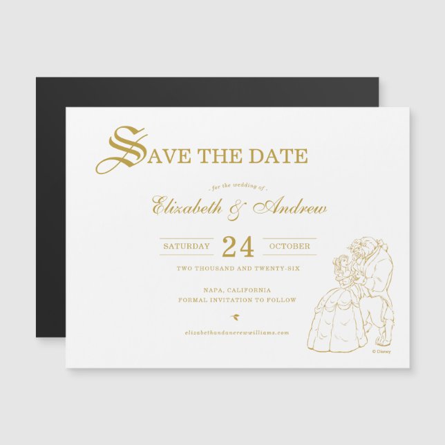 Gold Beauty and the Beast Fairytale Save the Date Magnetic Invitation (Front/Back)