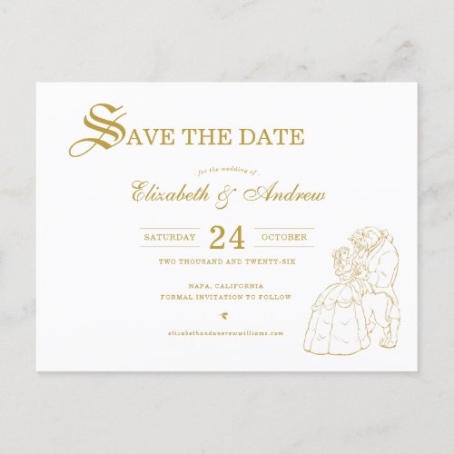 Gold Beauty and the Beast Fairytale Save the Date Postcard