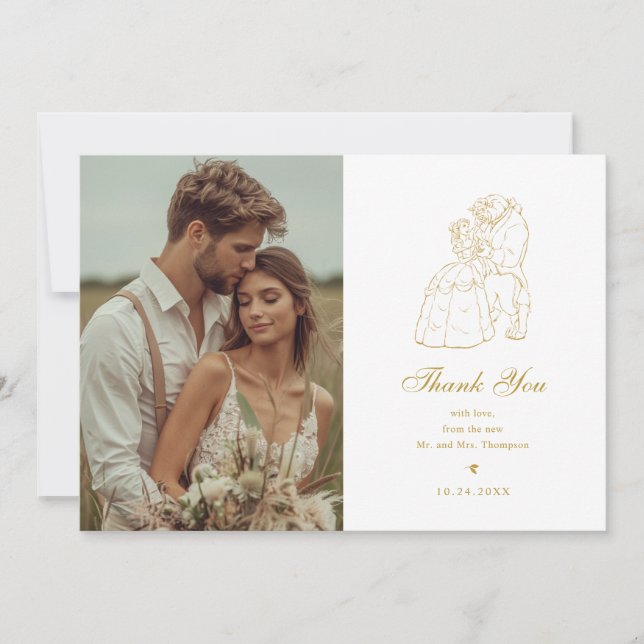 Gold Beauty and the Beast Fairytale Wedding Thank You Card (Front)