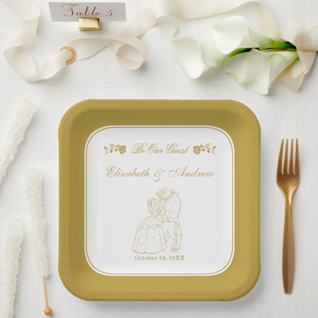 Gold Beauty and the Beast Wedding Anniversary Paper Plates (Wedding)