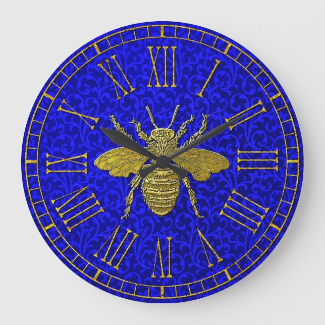 Gold Bee Blue Rococo Pattern Large Clock (Front)