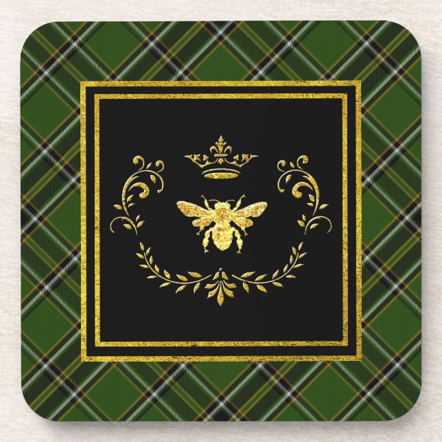Gold Bee Crown Irish Tartan Drink Coaster (Front)