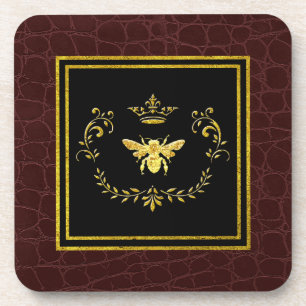 Gold Bee Crown Leather Pattern Drink Coaster