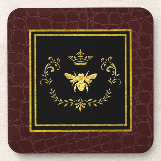 Gold Bee Crown Leather Pattern Drink Coaster (Front)