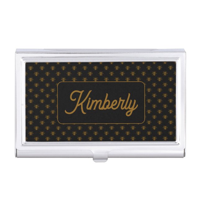 Gold Bee Custom Name Monogram Design Business Card Case (Front)