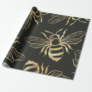 Gold Bee Design, on Black Background. Wrapping Paper