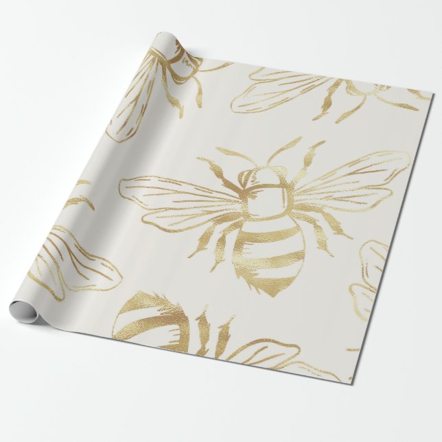 Gold Bee Design, on Cream Background. Wrapping Paper (Unrolled)