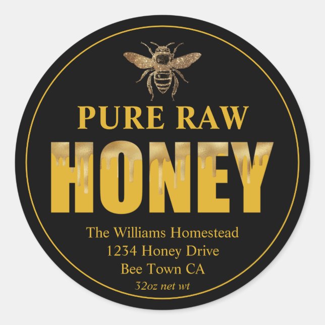 Gold Bee Honey Jar Label Honey Bee & Apiary Name (Front)