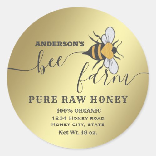 Gold bee logo script bee farm honey jar classic round sticker