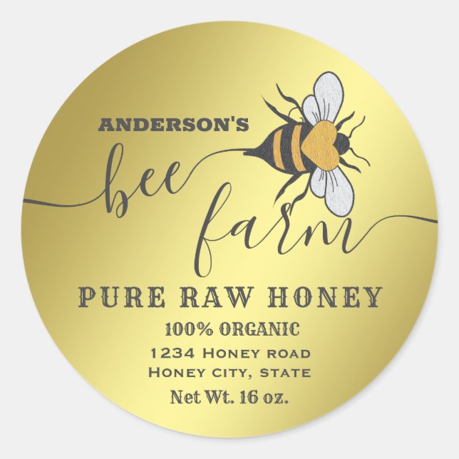 Gold bee logo script bee farm honey jar classic round sticker (Front)