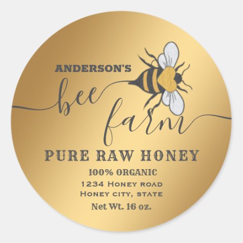 Gold bee logo script bee farm honey jar classic round sticker