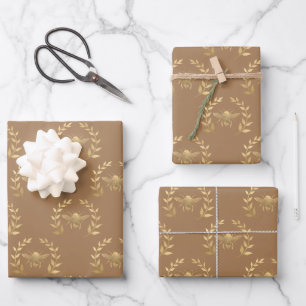 Gold Bee On Light Brown Wrapping Paper Sheets