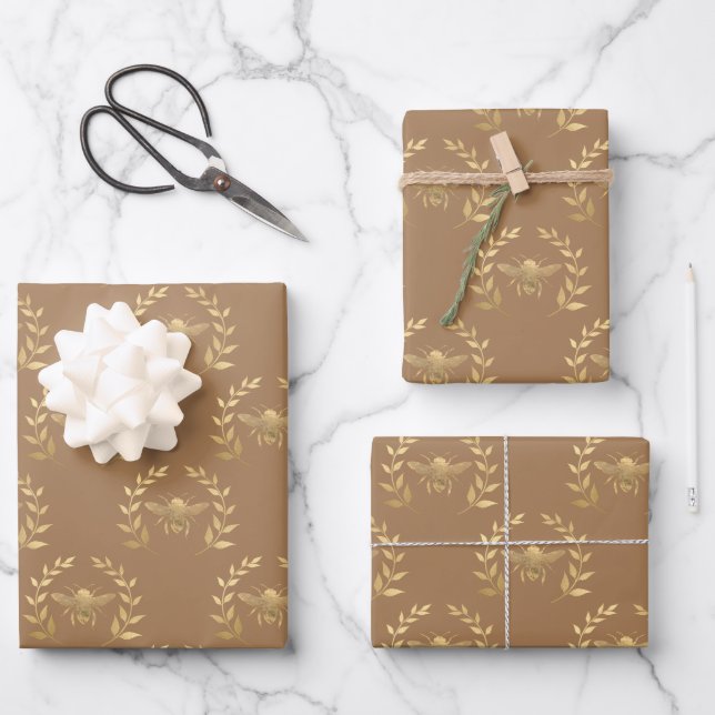 Gold Bee On Light Brown Wrapping Paper Sheets (Front)