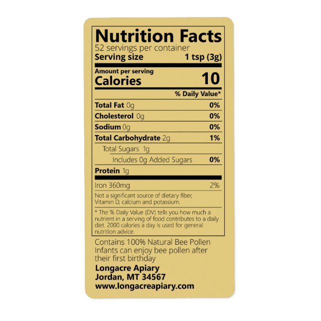 Gold Bee Pollen Nutrition Facts Food Label (Front)