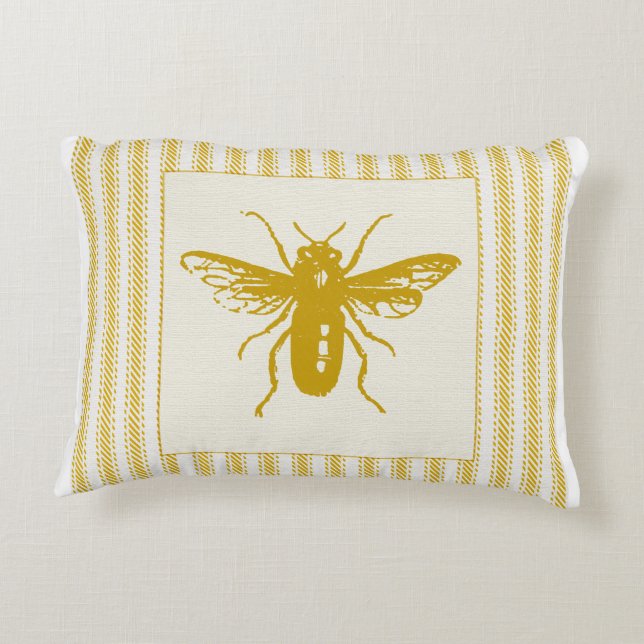 Gold Bee with Ticking Decorative Pillow (Back)