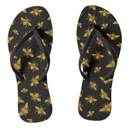 Gold Bees Flip Flops