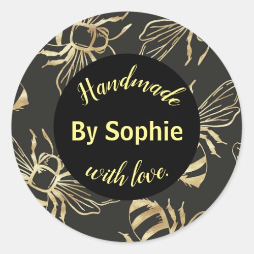 Gold Bees Handmade With Love Classic Round Sticker