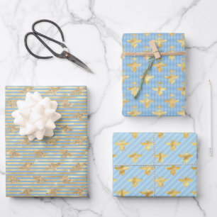 Gold Bees On Blue and Gold Wrapping Paper Sheets