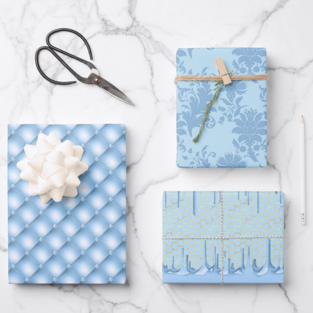 Gold Bees On Blue and Gold Wrapping Paper Sheets (Front)