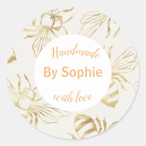 Gold Bees on Cream Handmade with Love Classic Round Sticker