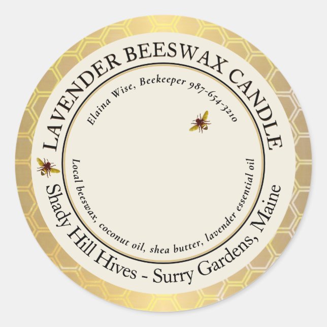 Gold Beeswax Candle Label Honeycomb Bees Lavender  (Front)