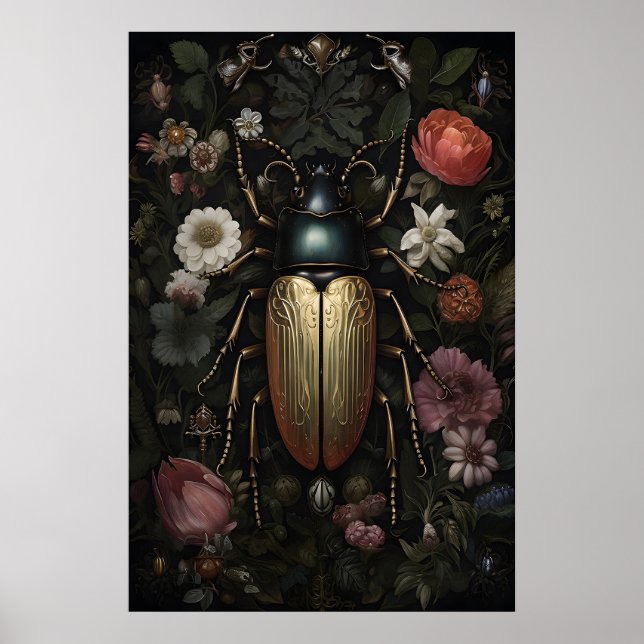 Gold Beetle In Dark Flower Garden, Moody Bug Poster (Front)