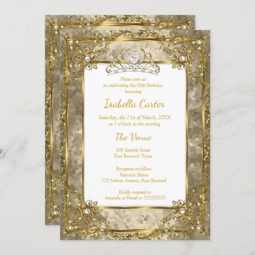 Gold Beige Birthday Party Gold White Tiara Invitation