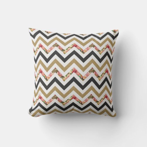 Gold beige black and pink chevron pattern pillow