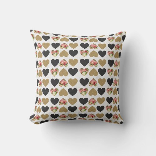 Gold beige black and pink heart pattern pillow