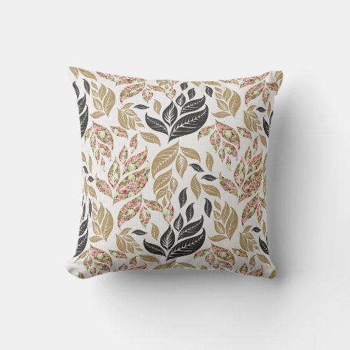 Gold beige black and pink leafy pattern pillow