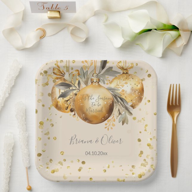 Gold Beige Christmas Wedding Paper Plates (Wedding)