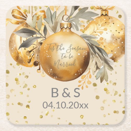 Gold Beige Christmas Wedding Square Paper Coaster