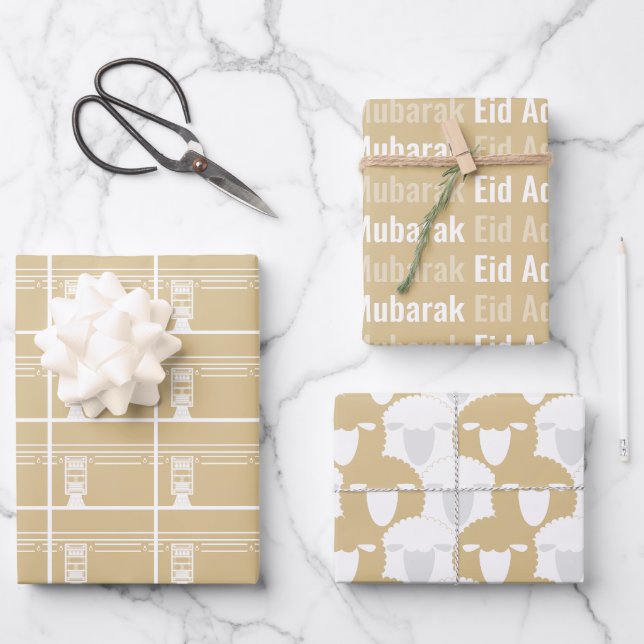 Gold Beige Eid Adha Mubarak Kaaba Sheep Wrapping Paper Sheets (Front)